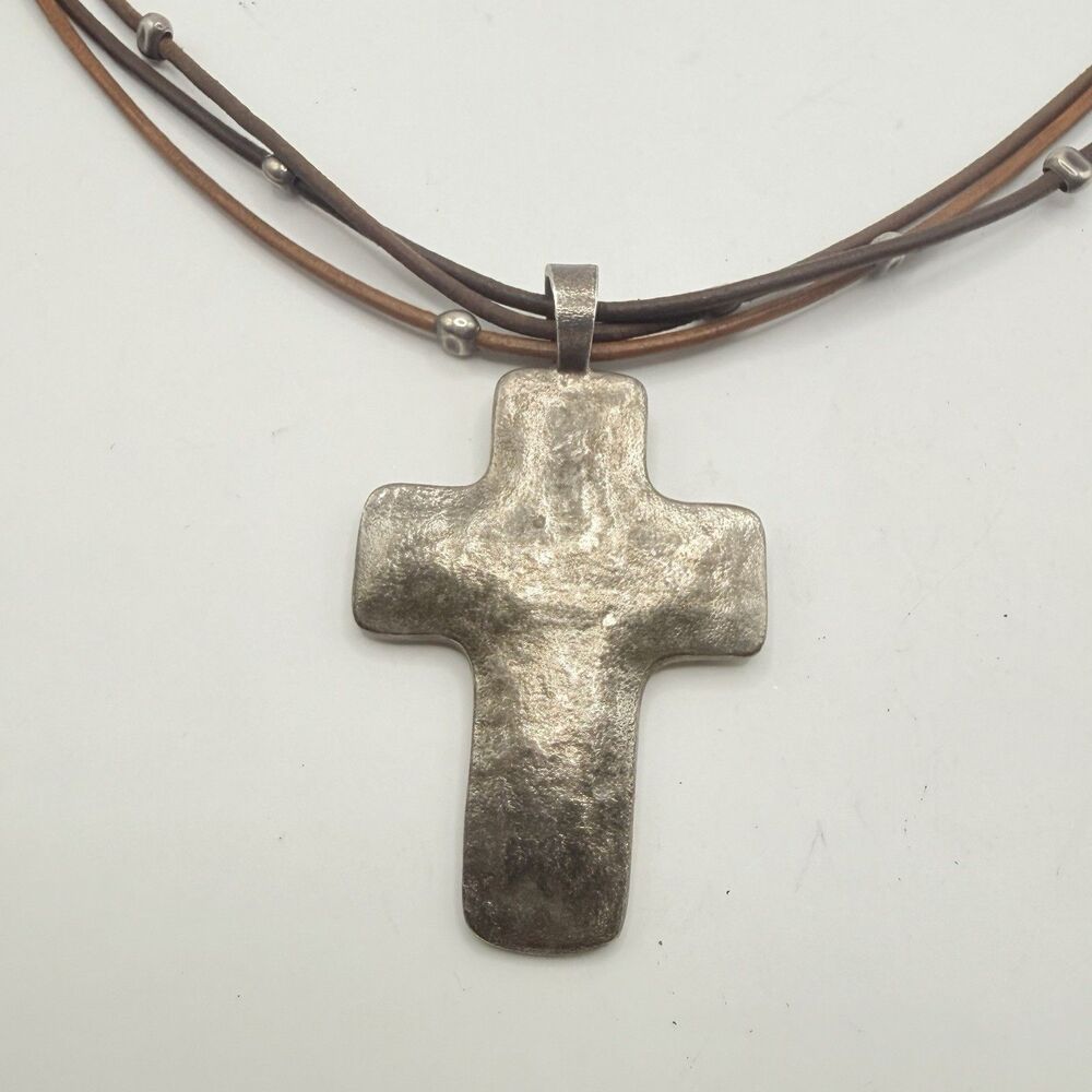 Silpada Sterling Silver Cross Retired Pendant Leather Multi Strand Necklace 925